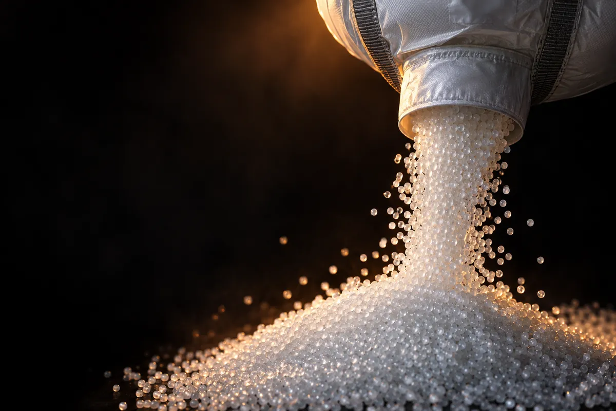 Virgin resin pellets pouring from a bulk bag