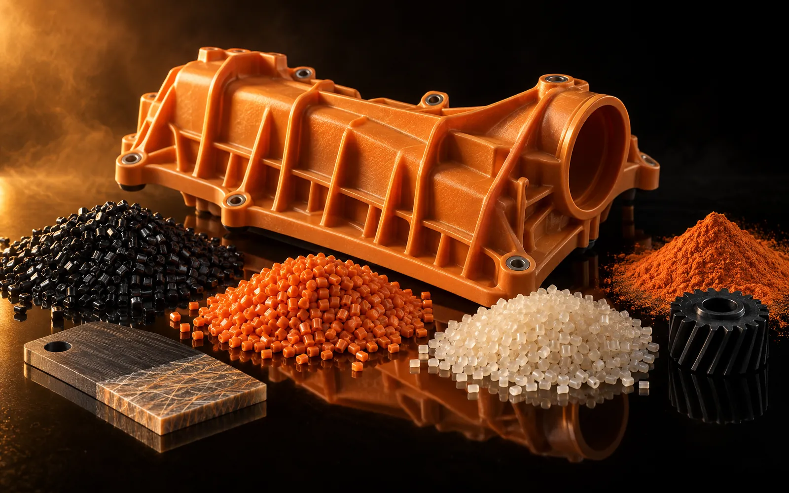 Glass-reinforced engineered component surrounded by recycled polymer pellets and powder