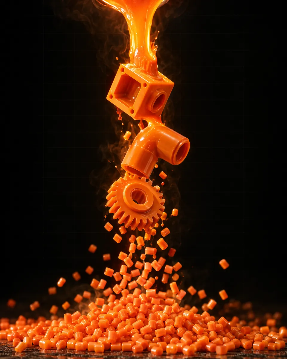 Molten recycled polymer solidifying into engineered components and pellets
