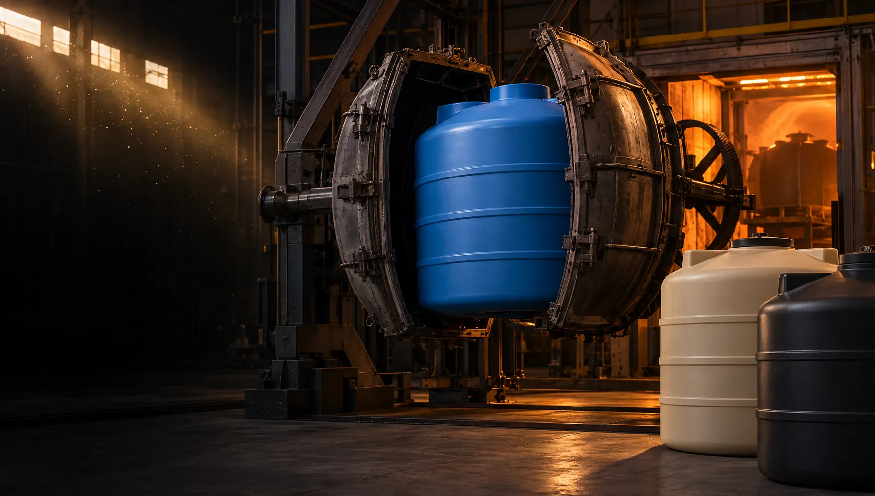 Rotational molding mold opening to reveal a seamless blue MDPE tank